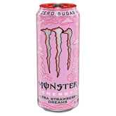 The Monster - Ultra Strawberry Dreams Energy Drink 500ml can features "Zero Sugar," the signature claw logo, and a lively design that embodies its vibrant pink energy.